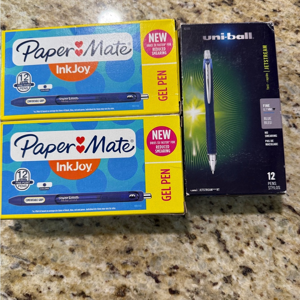 New 3 Box Bundle Paper Mate & Uni-Ball Fine Point Blue Ink Pens 38 Pens